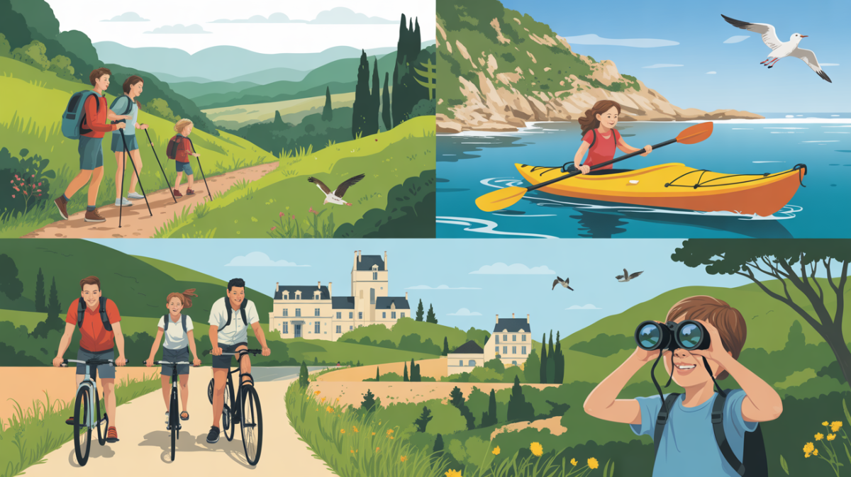 Illustration of families enjoying outdoor activities such as hiking, kayaking, cycling, and wildlife observation in France.